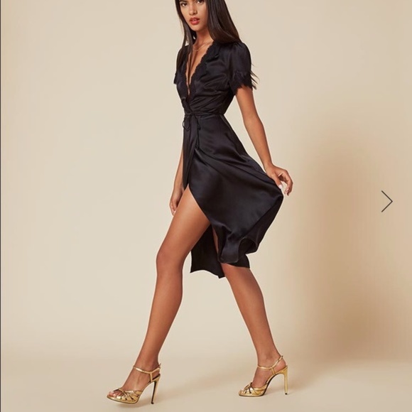 Reformation Black Silk Wrap Dress with Lace Trim - Picture 5 of 5